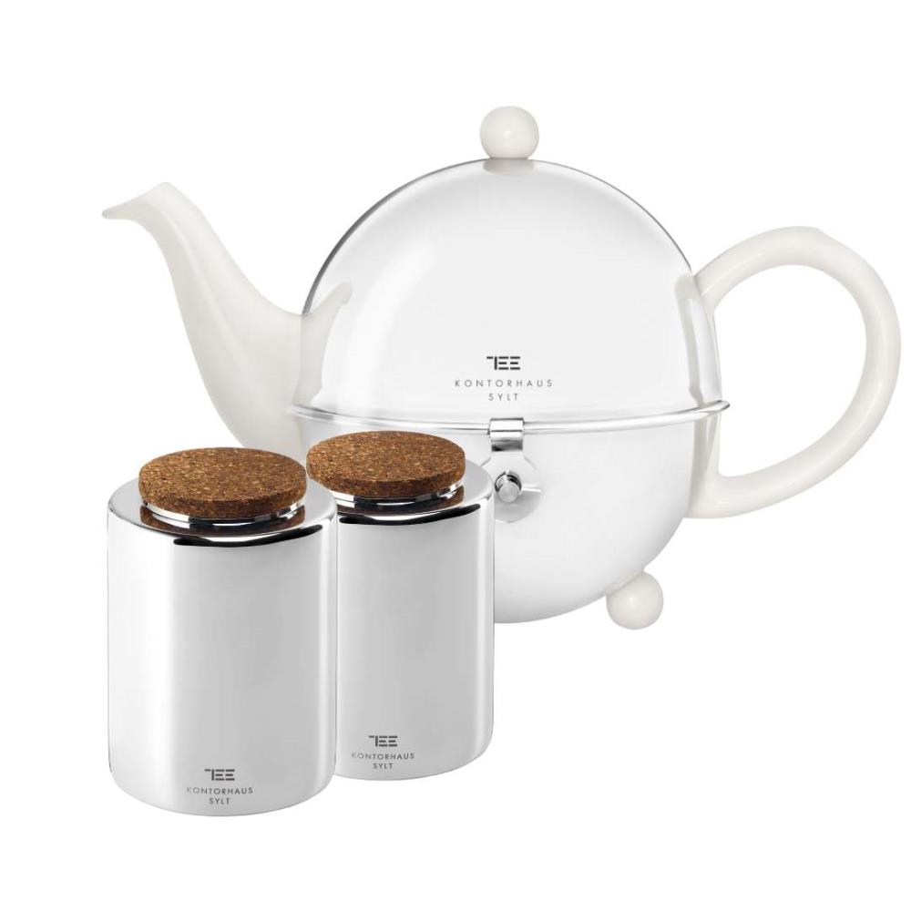Teekanne Cosy weiß & 2 große Teedosen