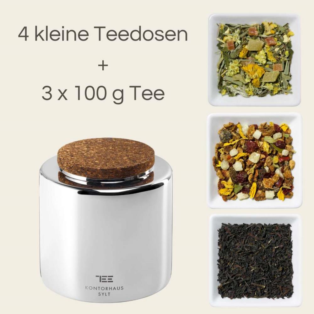 4er Set kleine Kontorhaus Teedosen & 300g Tee
