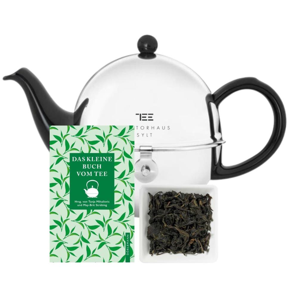 Teekanne Cosy schwarz & Teebuch mit 100g Schwarztee Usambara