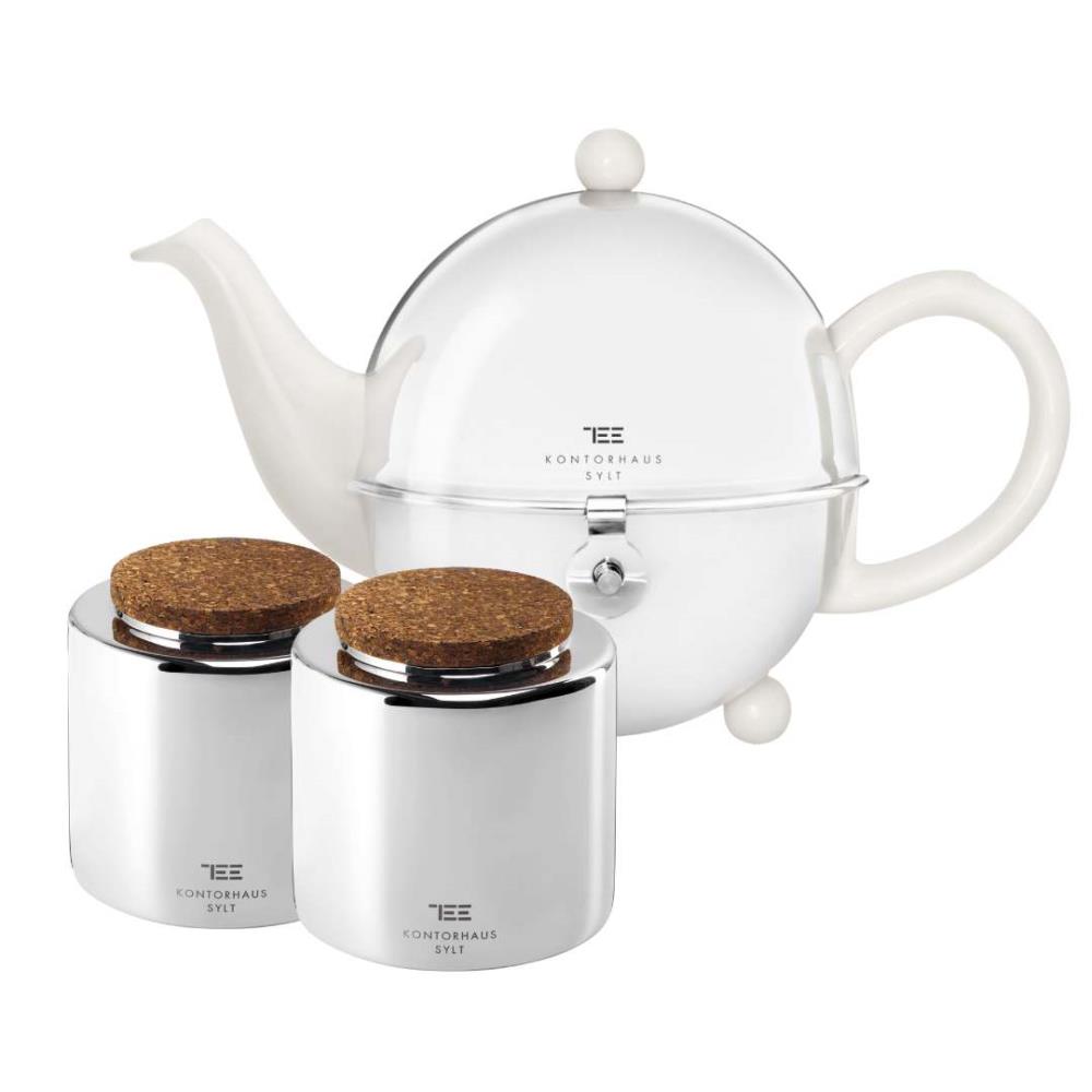 Teekanne COSY weiß & 2 kleine Teedosen